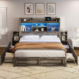 AMERLIFE Queen Bed Frame with 4 Storage Drawers, LED Bed Frame with 49“ Tall Bookcase Headboard, Wood Platform Bed with Charging Station & 2 Slide Bedside Shelf, No Box Spring Needed/Rustic Grey AMERLIFE