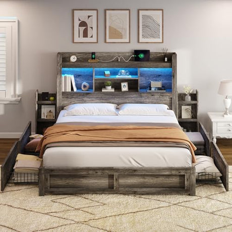 AMERLIFE Queen Bed Frame with 4 Storage Drawers, LED Bed Frame with 49“ Tall Bookcase Headboard, Wood Platform Bed with Charging Station & 2 Slide Bedside Shelf, No Box Spring Needed/Rustic Grey AMERLIFE