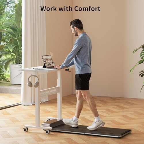 HitGo Mobile Standing Desk with Wheels, 32 inch Pneumatic Height Adjustable Desk for Walking Pad, Small Rolling Computer Workstation, Portable Sit Stand Desk for Home Office, 28-43" Tall, White HitGo
