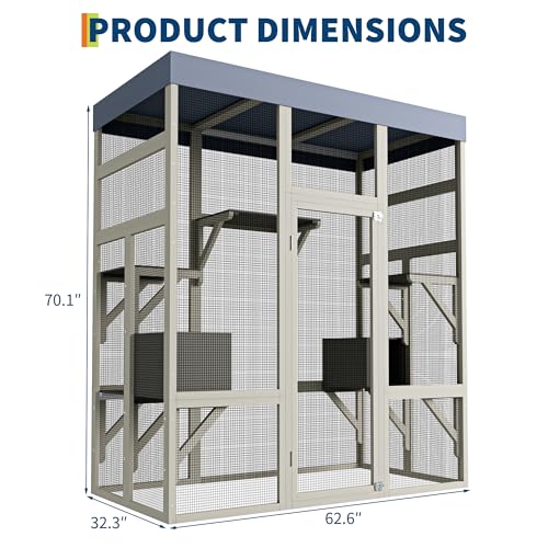 70" Large Outdoor Catio Cat Enclosure, Wood Cat Patio with Waterproof UV-Resistant Roof, Cats Shelter with 5 Platforms and 2 Resting Box, and Secure Rust-Proof Wire for Backyard or Patio IDEALHOUSE