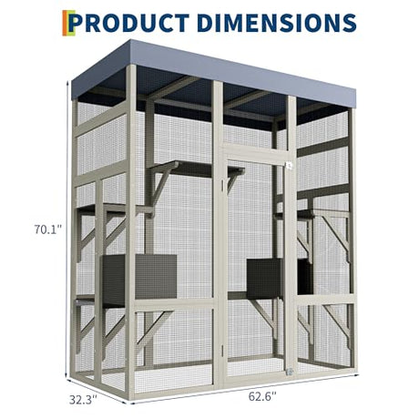 70" Large Outdoor Catio Cat Enclosure, Wood Cat Patio with Waterproof UV-Resistant Roof, Cats Shelter with 5 Platforms and 2 Resting Box, and Secure Rust-Proof Wire for Backyard or Patio IDEALHOUSE