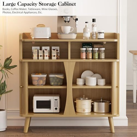 Decofy 39" Buffet Sideboard Cabinet, Mid Century Modern Console Cabinet with Roller Shutter Sliding Doors & Adjustable Shelves for Kitchen Cabinets, Living Room, Entryway, Coffee Bar Cabinet (Oak) Decofy