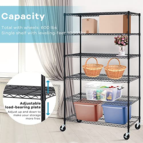 Garage Shelving, 78"x48"x18" Metal Shelves 6 Tier Wire Shelving Unit Adjustable Heavy Duty Sturdy Steel Shelving Rolling Cart with Casters for Pantry HCY