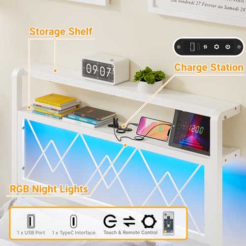 Weehom Twin Bed Frames with Headboard, Metal Bed Frame with 2-Tier Shelves Storage, Modern Twin Platform Bed with Charging Station & LED Lights - No Box Spring Needed, White Weehom