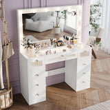 IFSEB Makeup Vanity Desk with LED Lights and Large 36.9’’ Mirror, 9 Drawers Vanity with Glass Top & 3 Color Hollywood Bulbs, Make Up Vanity with Charging Station & Crystal Knobs for Woman, White IFSEB