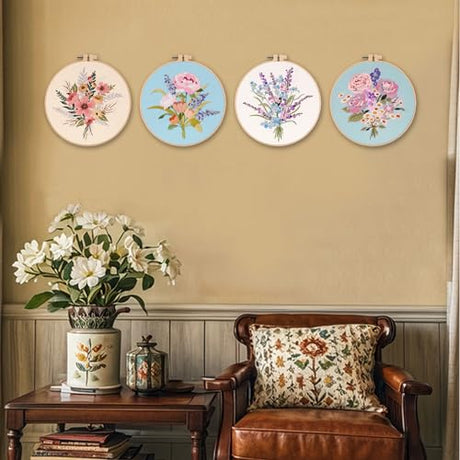 Myfelicity Embroidery Kit, 4 Flower Pattern Embroidery Set with 4 Patterns and 2 Hoops, Adult and Beginner Needlepoint Kit with Embroidery Floss, Needles, Cotton Fabric and Instructions… Myfelicity