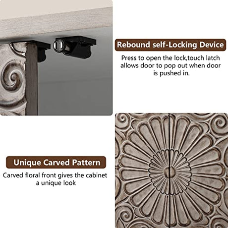 COSIEST 32" W Sideboard Buffet Cabinet with Storage, Accent Cabinet with 2 Push-to-Open Magnetic Doors, Vintage MDF Buffet Table for Living Room, Kitchen, Hallway (Gray,Flower Pattern) COSIEST