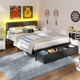 Furnulem Queen Bed Frame with Adjustable Headboard, Upholstered Bed with 2 Storage Drawers, Built-in USB Charging Station & LED Lights, Platform Bedframe with Metal Slats, No Spring Box Needed, Grey Furnulem