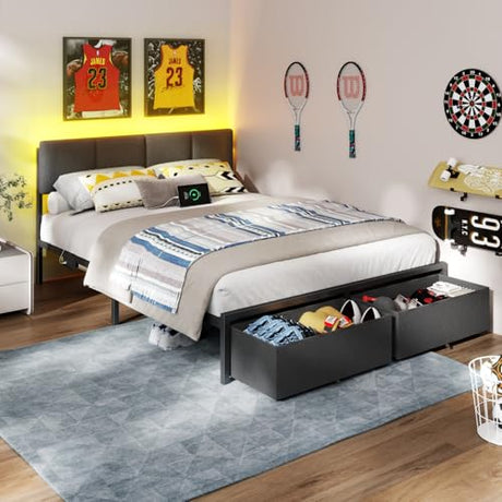 Furnulem Queen Bed Frame with Adjustable Headboard, Upholstered Bed with 2 Storage Drawers, Built-in USB Charging Station & LED Lights, Platform Bedframe with Metal Slats, No Spring Box Needed, Grey Furnulem