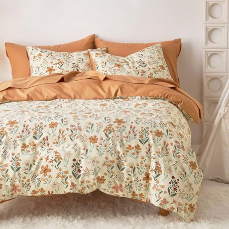 Wake In Cloud - Floral Comforter Set, Botanical Flower Cottagecore Shabby Chic Aesthetic for Women Teen Girls, Soft Lightweight Dorm Bedding, 3 Pieces, Orange Cream, Queen Size Wake In Cloud