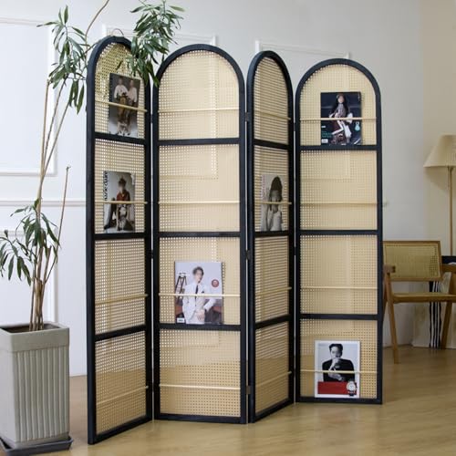 Furnnylane 4 Panel Room Divider Screen and Folding Panel Screen in Arch Shape and Book Storage Function,Double Sided Rattan Divider for Room Separation,Brown,70.9" H x 70.9" W Furnnylane