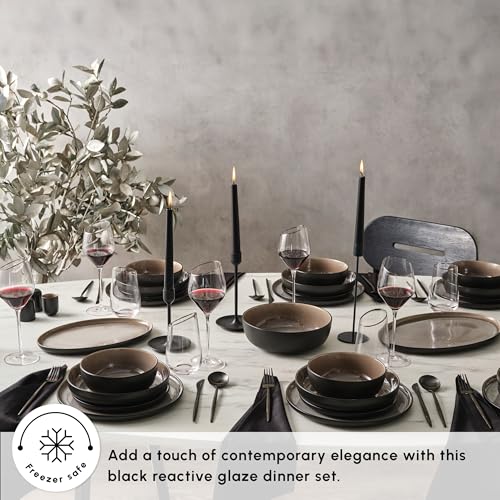 Karaca Mercure 59 Piece Stoneware Plates and Bowls Set, Reactive Glaze Black Dinner Set, Complete Kitchen Tableware Collection, Ideal Dinnerware for 12 People Dining Experience, Dishwasher Safe KARACA