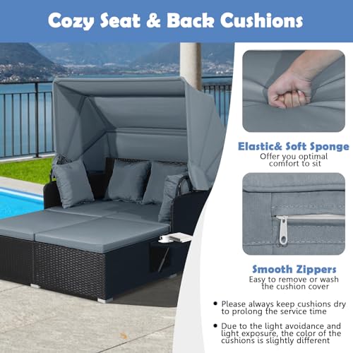Salches Outdoor Rattan Daybed with Retractable Canopy, High-Resilient Soft Cushions, Foldable Side Trays, Outdoor Bed Loveseat for Garden, Backyard, Porch (Gray) Generic