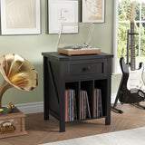 HOSEOKA Record Player Stand with Vinyl Record Storage, Turntable Stand with Charging Station, Wood Vinyl Record Holder Cabinet Dispaly Shelf with Drawer, Black HOSEOKA