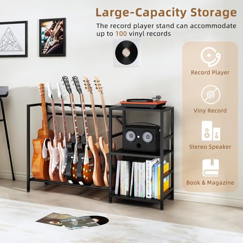 ZHNSYDN Record Player Stand with Guitar Stand, Record Player Table with Guitar Rack, Guitar Holder 7 Space for Multiple Guitars, Bass, Acoustic, Guitar Display for Home Music Studio, Black ZHNSYDN