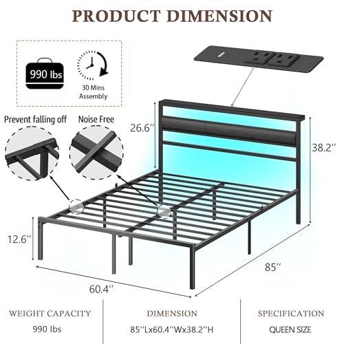 Ourpic Queen Bed Frame with Led Lights and Charging Station, Bed Queen Size Frame with Headboard and Under Bed Storage, Black Metal Platform Bedframe and Storage Shelf, Easy Install OURPIC