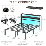 Ourpic Queen Bed Frame with Led Lights and Charging Station, Bed Queen Size Frame with Headboard and Under Bed Storage, Black Metal Platform Bedframe and Storage Shelf, Easy Install OURPIC