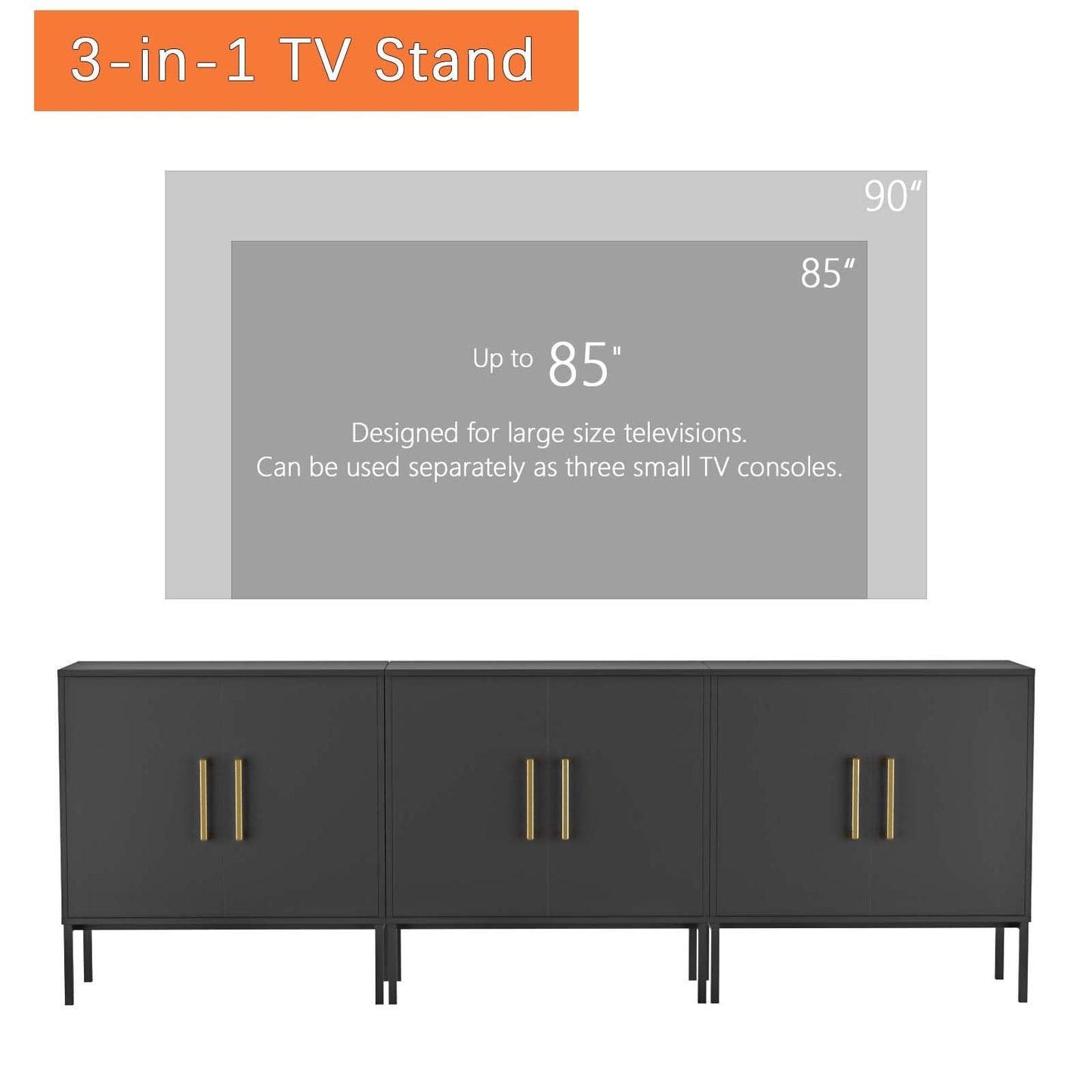 LYNSOM TV Stand for 85 Inch TV, Media Entertainment Center Console Table, 3 Cabinets, TV Console Table with Storage Cabinet for Bedroom, Living Room, Entertainment Room (Black)