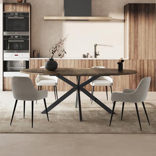 59-Inch Extendable Round Dining Table for Dining Room, 4-6 People Large Expandable Kitchen Dinner Tables with Oval Wood Top and Industrial Metal Frame for Dinner Room, Small Space, Black Brown Epecoya