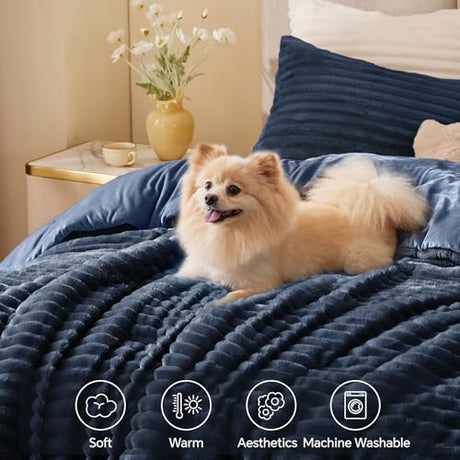 BEDELITE Fleece Queen Comforter Set -Super Soft & Warm Fluffy Navy Blue Bedding, Luxury Fuzzy Heavy Bed Set for Winter with 2 Pillow Cases BEDELITE