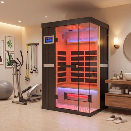 QUYZE 1-2 Person Ultra Low EMF Infrared Sauna, Indoor Wood Sauna with Red Light Therapy & Bluetooth Speakers, Hemlock Home Saun Room/w Control Panel and Tempered Glass Door for Home (Black) QUYZE