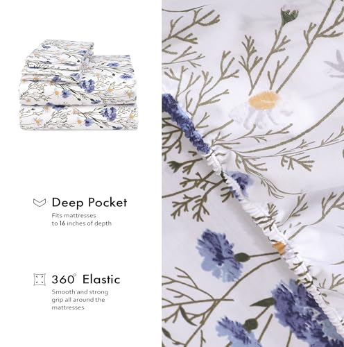 RUVANTI 100% Cotton Sheets – King Size Percale Bedding, Cooling & Breathable Floral Design, Durable with a Crisp, Soft & Comfortable Feel, 16" Deep Pocket, 4-Piece Set, Sweet Pea