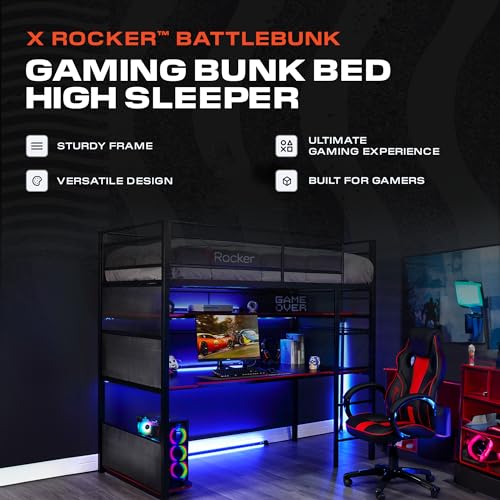 X Rocker BattleBunk Twin Size Gaming Bunk Bed, Durable Metal Frame with Built-in Gaming Desk and Shelving, Black and Red X Rocker