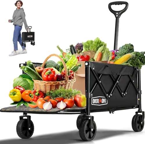 OVERMONT Collapsible Foldable Wagon Cart - 220lbs Extended Heavy Duty Folding Utility Wagons with Wheels - 100L Lightweight Garden Grocery Cart for Shopping, Grocery,Sports,Garden Overmont