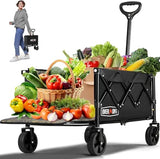 OVERMONT Collapsible Foldable Wagon Cart - 220lbs Extended Heavy Duty Folding Utility Wagons with Wheels - 100L Lightweight Garden Grocery Cart for Shopping, Grocery,Sports,Garden Overmont