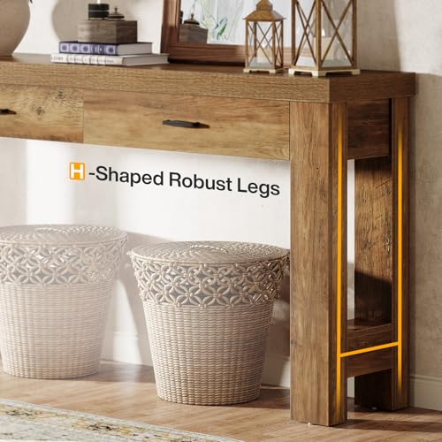 Tribesigns 63" Console Table, Farmhouse Entryway Table with 2 Drawers and H-Shaped Sturdy Legs for Hallway, Living Room, MDF, Light Brown Tribesigns