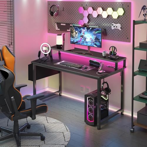 Lufeiya Gaming Desk with Power Outlets and LED Lights, 40 Inch Gamer Desk Table with Charging Station, Home Office Computer Desks with Monitor, Black Lufeiya