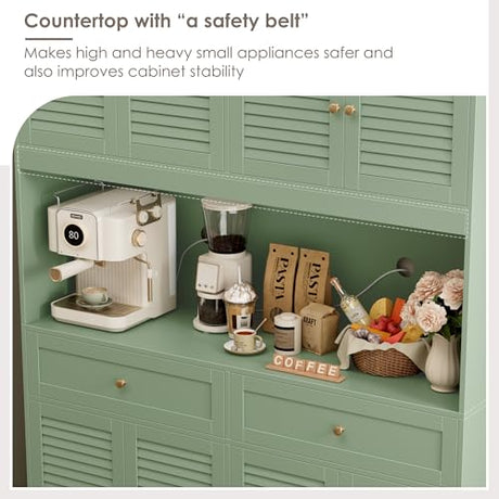 HIFIT 71" Hx55''W Large Kitchen Hutch Storage Cabinet, Farmhouse Coffee Bar Hutch with Microwave Stand, Tall Kitchen Pantry Cabinet with Louvered Doors, 2 Cable Holes, 2 Drawers, Green HIFIT