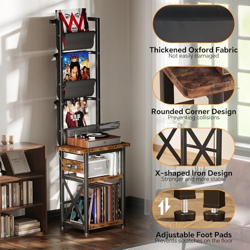 Homeiju Record Player Stand with Power Outlet, 6 Tier Vinyl Record Display Shelf, Record Player Table with album storage up to 200 Albums, Console Organizer Display Shelf, Gifts for Music Lovers Homeiju