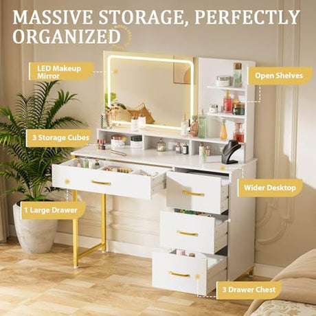 COMHOMA Vanity Desk with Mirror and Lights, Makeup Vanity Table with 4 Drawers & Storage Shelves, Large HD Mirror, 3 Color Modes & Adjustable Brightness, Modern Dressing Table for Bedroom, White/Gold COMHOMA