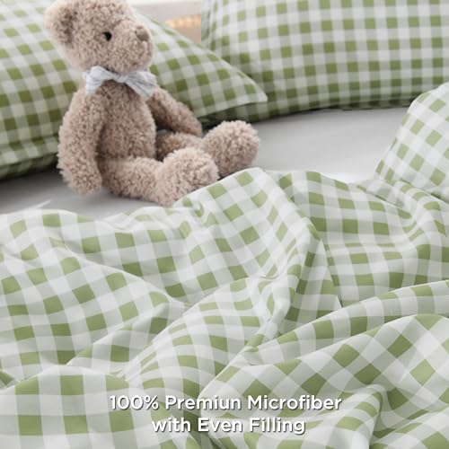Andency Sage Gingham Comforter Set Full(79x90Inch), Green Checkered Grid Plaid Buffalo Bed Set for Girls Boys Kids Teens, 3 Pieces Lightweight Microfiber Geometric Preppy Bedding Andency