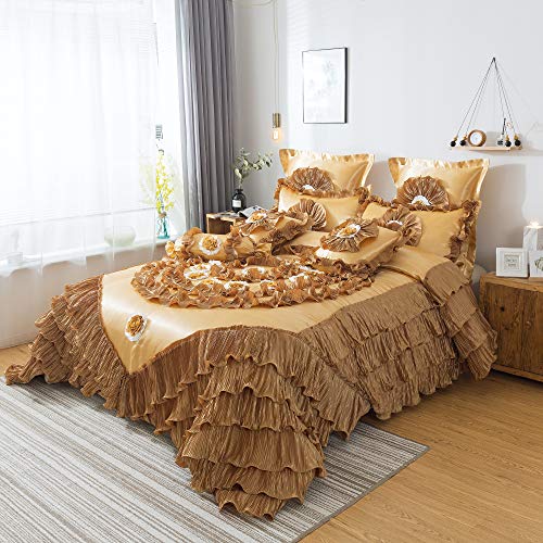 Tache Home Fashion 6 Piece Elegant Faux Satin Ruffled Comforter Set, Cal King, Sandy Beach Tache Home Fashion