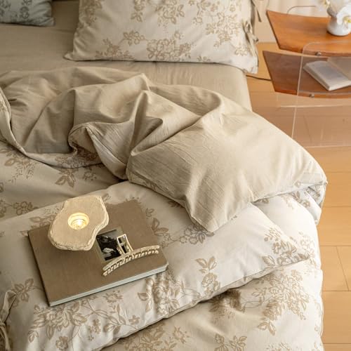 VM VOUGEMARKET Linen Cotton Duvet Cover Set King Retro Monet Flower Bedding Set,Jacquard Yarn-Dyed Textured Comforter Cover with Bowknot-104 x90,Khaki VM VOUGEMARKET