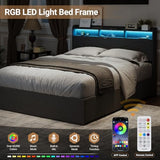 MALOL Bed Frame, Queen Bed Frame with Headboard & Storage Shelf, Metal Platform Bed Frame with 4 Storage Drawers, Built-in Charging Station, Led Light, Wood Bed Frame, No Box Spring Needed, Grey MALOL