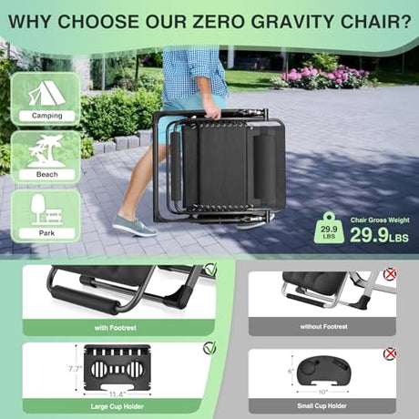 Suteck Oversized Zero Gravity Chair,33In XXL Outdoor Recliner Chair w/Removable Cushion&Headrest, Camping Lounge Chair w/Upgraded Lock&Footrest, Reclining Patio Chairs for Indoor Outdoor,500LBS Suteck