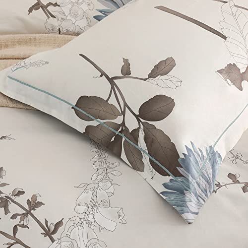 SLEEPBELLA Comforter King Size, 600 Thread Count Cotton Brown Branches and Blue Flowers Off-White Comforter Sets, Down Alternative Bedding Set 3Pcs(King, Off-White Botanical) SLEEPBELLA