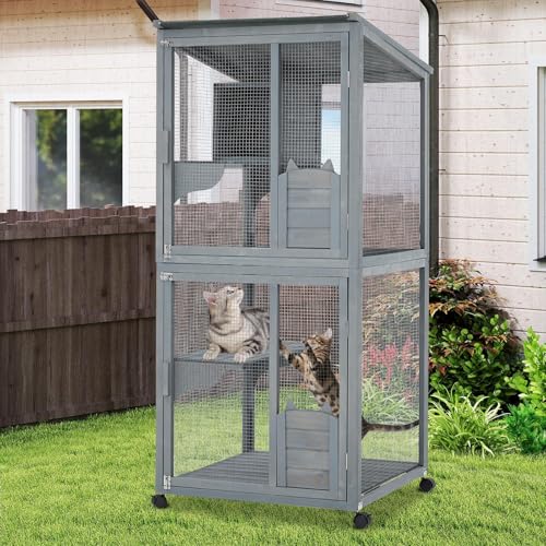 Cat Patio Enclosure, 69" Large Indoor Outdoor Catio Cage with Waterproof Roof, Lockable Wheels, Resting Cabin & Platforms for Multi-Cat Families, Weatherproof Catios PeacefulHues