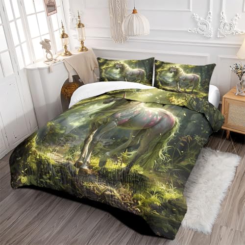 Ydtwnyq Bedding Twin Size Comforter Set Lightweight for Summer Duvet Set Green 3 Pieces (1 Quilt and 2 Pillowcases) Ethereal Single Horn Horse Quilt for Kids Adults Ydtwnyq