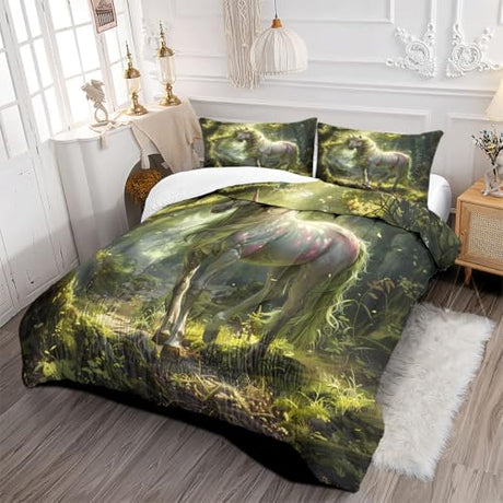 Ydtwnyq Bedding Twin Size Comforter Set Lightweight for Summer Duvet Set Green 3 Pieces (1 Quilt and 2 Pillowcases) Ethereal Single Horn Horse Quilt for Kids Adults Ydtwnyq