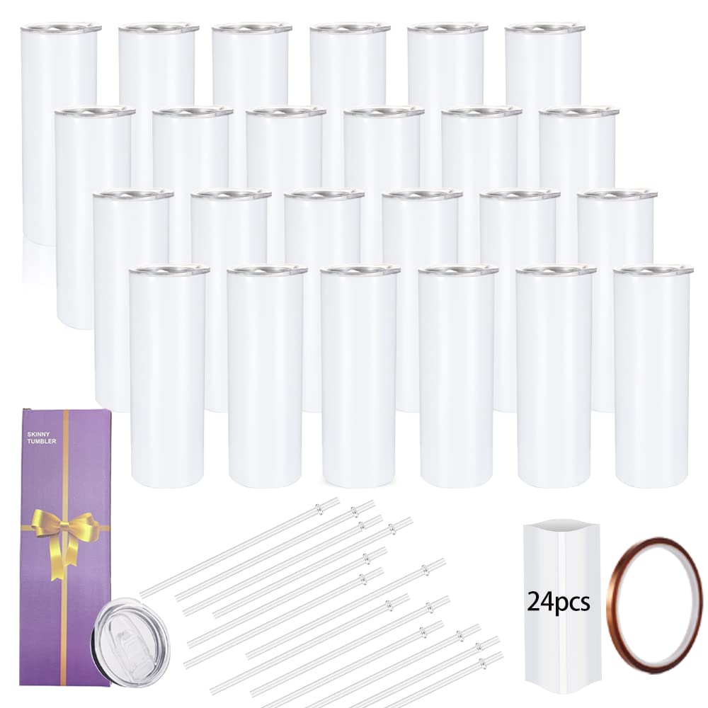 YOUKE OLA 24 Pack Sublimation Tumblers Straight Skinny Blanks 20oz for Heat Transfer, Individual Gift Boxed, Double Wall Insulated Tumbler with Shrink Wrap Films & Heat Tape & Straws, White - WoodArtSupply