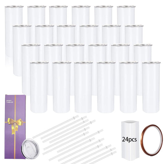 YOUKE OLA 24 Pack Sublimation Tumblers Straight Skinny Blanks 20oz for Heat Transfer, Individual Gift Boxed, Double Wall Insulated Tumbler with Shrink Wrap Films & Heat Tape & Straws, White