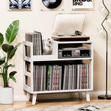 Uoders Record Player Stand with Vinyl Storage, Mid-Century Modern Turntable Stand Holds 150+ Albums, Record Player Table with Metal Dividers, Wood Media Console for Living Room (White, Single-Sided Small) UODERS