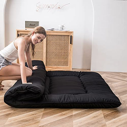 MAXYOYO Japanese Floor Futon Mattress, 4" Thicken Tatami Mat Sleeping Pad Foldable Roll Up Boys Girls Dormitory Mattress Kids Lounger Pillow Bed, Black, Full