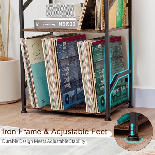 LOAKEKEL Record Player Stand, Vinyl Record Storage Up to 200 Albums, 3 Tier End Table with Removable Dividers, Tall Side Table for Living Room, Bedroom, Rustic Brown, HETCD010BR-1 LOAKEKEL