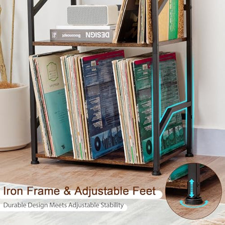 LOAKEKEL Record Player Stand, Vinyl Record Storage Up to 200 Albums, 3 Tier End Table with Removable Dividers, Tall Side Table for Living Room, Bedroom, Rustic Brown, HETCD010BR-1 LOAKEKEL