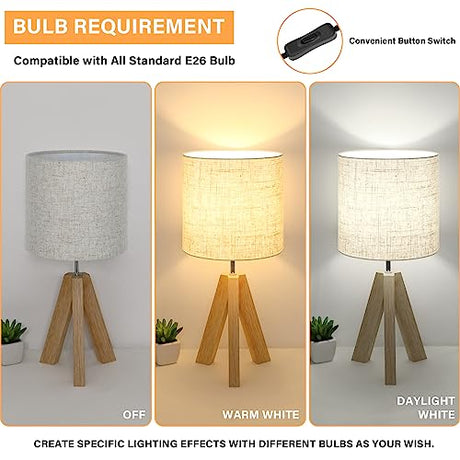 Small Table Lamp, Wooden Tripod Nightstand Lamp with Linen Fabric Shade, Cute Boho Bedroom Lamp for Nightstand, Modern Bedside Lamp for Living Room, Nursery, Kids Room, Office, Dorm, Bulb Not Included Brightever